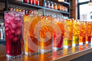 colorful gin tonic cocktails in wine glasses on bar counter in pub or restaurant