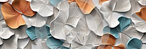 Colorful Ginkgo Leaves with Wavy Lines on White 3D Background Framed by Canvas on Gray Walls, generative Ai