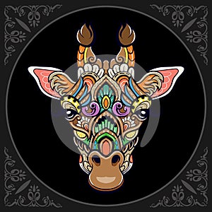 Colorful Giraffe head mandala arts isolated on black background