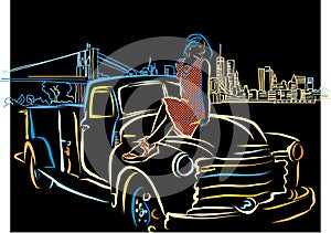 Colorful Girl on Car New York City Drawing on black