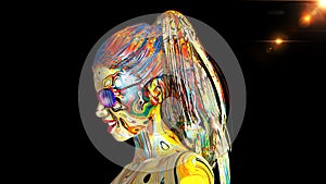 Colorful girl with glasses, portrait of woman with skin covered in colors and long hair isolated on black background, 3D render