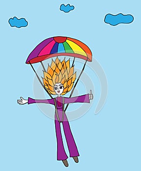 Colorful girl jumps with a parachute on a background clouds