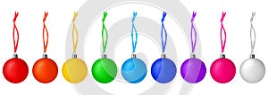 Colorful glass balls hanging on ribbon set white background isolated closeup, Ð¡hristmas tree decoration collection, shiny baubles