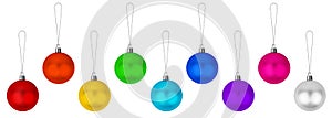 Colorful glass balls hanging on thread set white background isolated closeup, Ð¡hristmas tree decoration collection, shiny balls