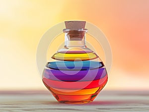 Colorful glass bottle with layered liquids