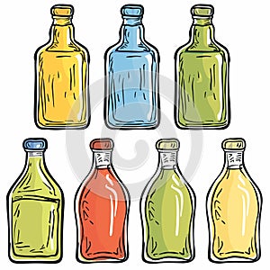 Colorful glass bottles illustration, vibrant beverage containers drawing. Set multicolored glass