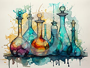 Colorful glass bottles of potions