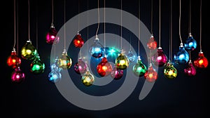 Colorful glass bulbs Christmas ornaments. Vibrant string of multi-colored Christmas lights on dark background