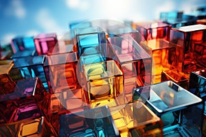 Colorful Glass Cubes Forming Abstract Background with Dynamic Multihued Reflections and Patterns