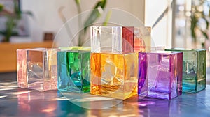Colorful Glass Cubes on Reflective Surface