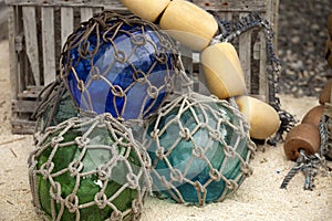 Colorful glass and foam fishing buoys