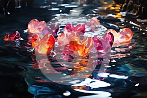 Colorful glass hearts floating on the water surface. Abstract background. generative AI Generative AI