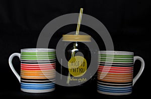 Colorful glass juice mug and cap with sipper straw