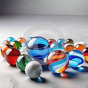 Colorful glass marbles on gray background.