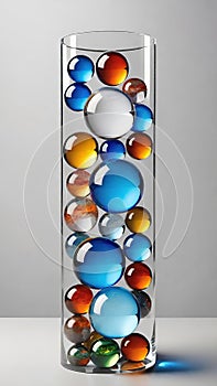 Colorful glass marbles on gray background.