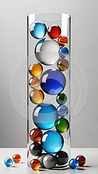 Colorful glass marbles on gray background.