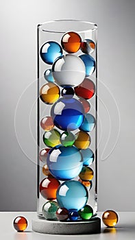 Colorful glass marbles on gray background.