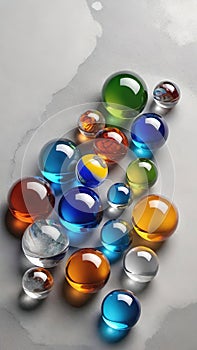 Colorful glass marbles on gray background.