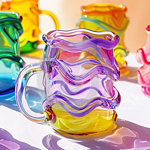 Colorful Glass Mugs in Light. Squiggle blobby design, gen z trend photo