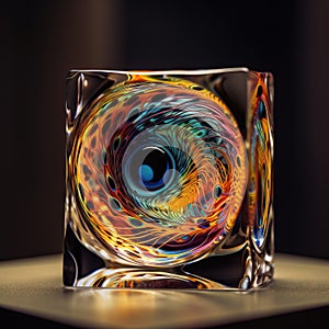 a colorful glass object sitting on top of a wooden table next to a black wall and a black wall in the background with a blue eye