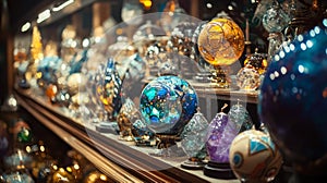 Colorful glass orbs and decorative spheres on display