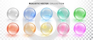 Colorful glass orbs realistic collection. Set of colored spheres set isolated on transparent background.