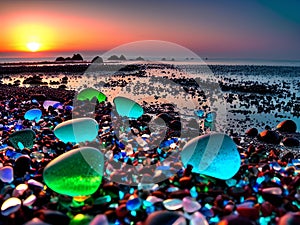 Colorful glass pebble beach during the sunset