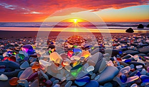 Colorful glass pebbles and seashells on the beach at sunset