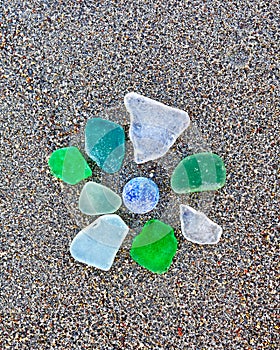 Colorful glass pieces polished by the sea