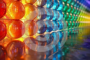 Colorful glass spheres arranged in a rainbow gradient with reflections on a glossy surface