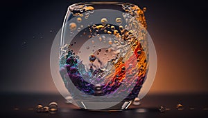 a colorful glass with water and bubbles on a black background.