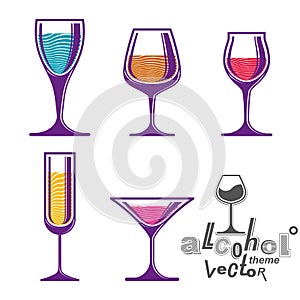 Colorful glasses collection, martini, wine, cognac, whiskey