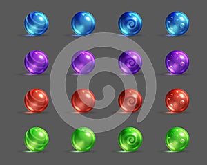 Colorful glassy magic balls set, cartoon fantasy game assets.