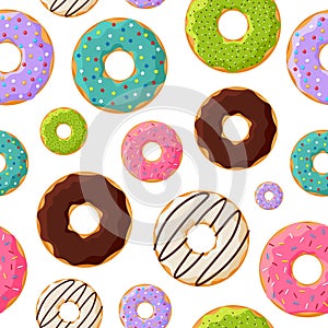 Colorful glazed sweet donuts seamless pattern on white background. Vector bakery illustration