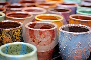 colorful glazes on pottery before firing