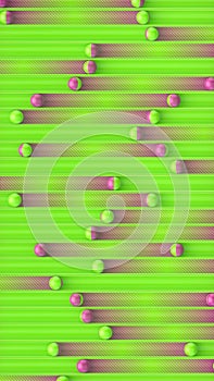 Colorful glitter balls roll across bright green grooves. Geometric abstract art background. 3d rendering illustration