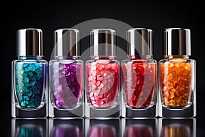 Colorful glitter in glass bottles on dark background