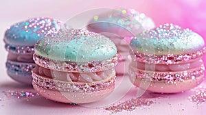 Colorful Glitter Macarons on a Shimmering Background