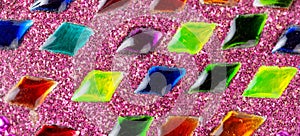 Colorful glitter and multi coloured crystals pattern, array. Simple multi colored gems rows, light glamour cute abstract