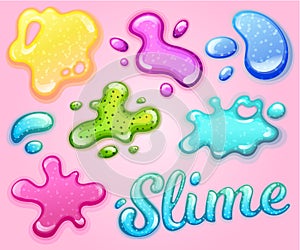 Colorful glitter slime blobs vector illustration set. Girly goo stains collection on pink background. Fun game for kids