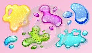 Colorful glitter slime blobs vector illustration set. Girly goo stains collection on pink background. Fun game for kids