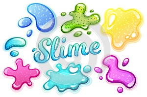 Colorful glitter slime blobs vector illustration set. Girly goo stains collection on white background. Fun game for kids