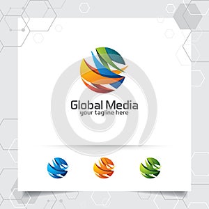 Colorful global logo vector design with arrow on sphere and digital symbol illustration for consulting, technology, and business