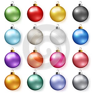 Colorful glossy christmas balls with shadows. Set of realistic decorations.