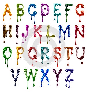 Colorful glossy large latin letters with dripping drops drawn with paint on a white background