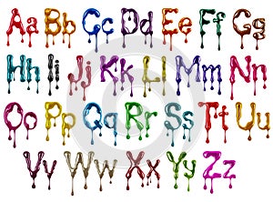Colorful glossy large and small latin letters with dripping drops drawn with paint on a white background