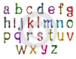 Colorful glossy small latin letters drawn with paint isolated on a white background