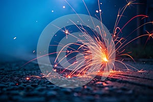 Colorful glow light flare sparks on dark blue photo