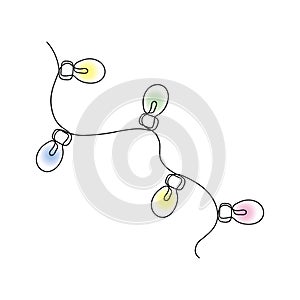 Colorful glowing christmas lights. Christmas garland with bulbs. Vector illustration. Continuous one line drawing.