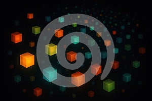 Colorful glowing cubes in digital space, representing data visualization, information flow, modern technology, and abstract